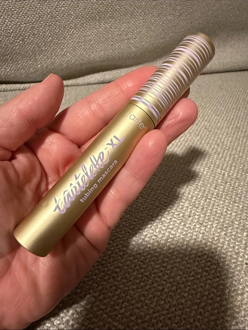 tarte Tartelette XL Tubing Mascara — metallic gold tube with white-striped cap